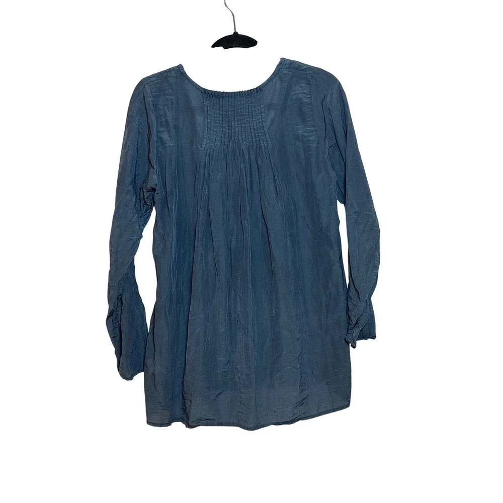 CP Shades Blue Cotton Silk Blend Pintuck Pleated Tunic Top Lagenlook Size S - Picture 5 of 5